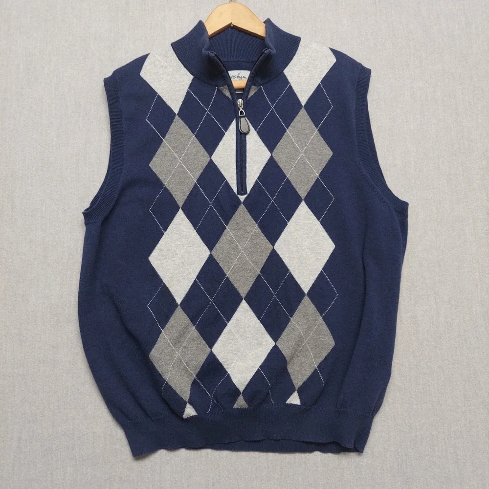 Walter Hagen Sweater Vest Men L 1/4 Zip Argyle‎ Knit Blue Golf Preppy Classic